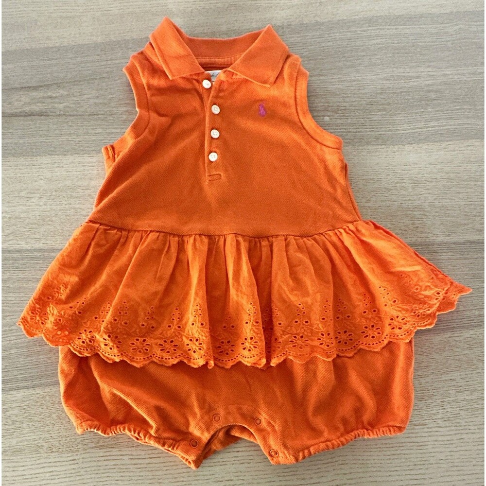 Ralph Lauren Baby Girls 12M Orange Sleeveless Collared Polo Romper Snap ruffles